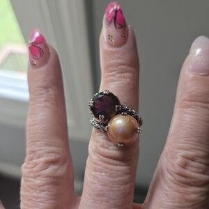 Stephen Dweck Sterling Cognac Quartz & Cultured Pearl Ring